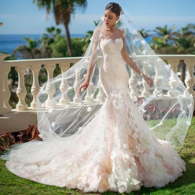 China Sexy Mermaid Dry Cleaning Tulle Wedding Dresses O Neck Off The Shoulder Appliqued Illusion Flowers Button 2021 Floor Length Wedding Dresses for sale