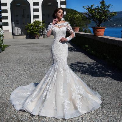 China Sexy Dry Cleaning Mermaid O Neck Full Sleeves Button Illusion Wedding Dresses Crystal Appliqued 2021 New Floor Length Bridal Gowns for sale