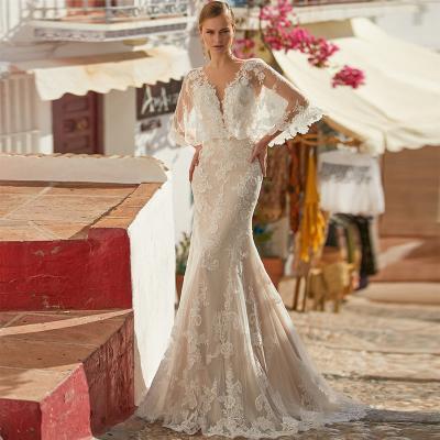 China Sexy Dry Cleaning Illusion O Neck Backless Batwing Sheath Mermaid Appliqued Wedding Dresses Floor Length Bridal Gowns 2021 New Arrival for sale