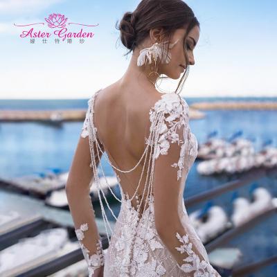 China Mermaid Dry Cleaning Aster Garden Lace Appliques V-Neck Beach Bridal Beaded Beach Bride Dresses Mermaid Wedding Dress 2021 Sexy Backless Long Sleeve for sale