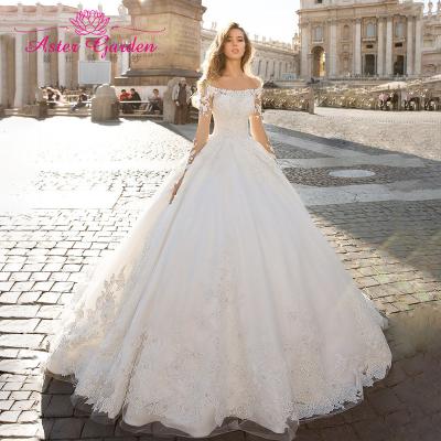 China Princess Wedding Dress Aster Garden Dry Cleaning Long Sleeve 2021 Graceful Boat Neck Wedding Dresses Vintage Cap Sleeve Satin Bridal Gowns for sale