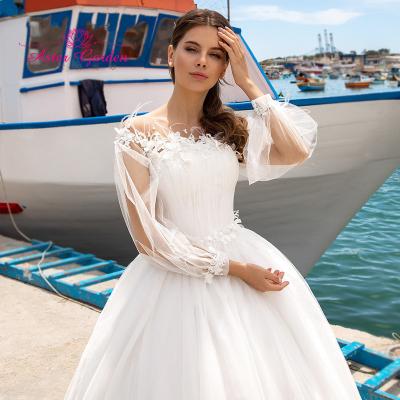 China Aster Garden Dry Cleaning Bride Wedding Dress 2021 Feather Breath Sleeve Line Beaded Flowers Lace Up Bridal Gowns Scoop Robe De Mariee for sale