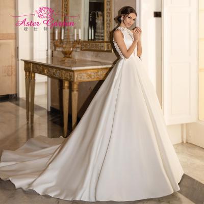 China Dry Cleaning Aster Garden A Line Wedding Dress 2021 Elegant Satin O-Neck Beaded 3D Flowers Sleeveless Princess Bride Gown Vestido De Novia for sale