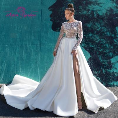 China Dry Cleaning Aster Garden A-line Elegant Satin Long Sleeve Bride A-Line Wedding Dress 2021 Beading Lace Vintage Wedding Dress Vestido De Novia for sale