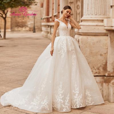 China 2021 Dry Cleaning Aster Garden Ball Gown Wedding Dress Sleeveless V-Neckline Princess Beaded Appliques Lace Up Bridal Gowns Robe De Mariee for sale