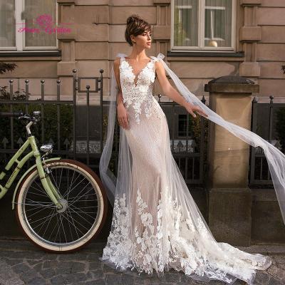 China Aster Garden Mermaid Wedding Dress 2021 Lace Appliques Beaded Elegant Beaded Bride Long Sleeveless Backless V-neck Train Wedding Dress for sale