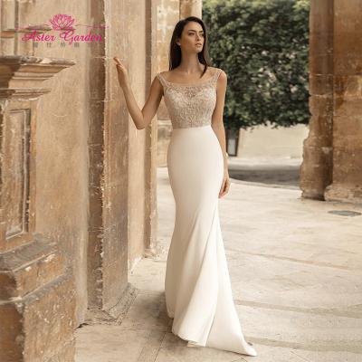 China Delicate Beading Crystal Scoop Bride Soft Satin Backless Sleeveless Beach Wedding Dresses From Dry Cleaning Aster Garden Mermaid Wedding Dress 2021 for sale