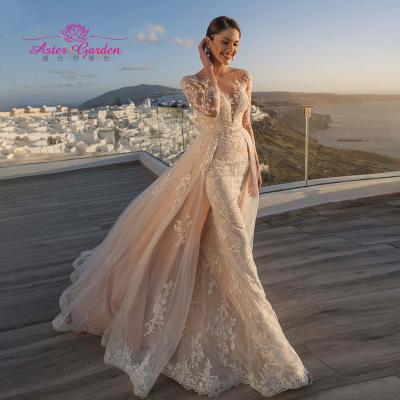 China 2021 Dry Cleaning Aster Garden Mermaid Wedding Dress Detachable Train Beaded Sashes Beach Bride Long Sleeve Sweetheart Appliques Bridal Gowns for sale