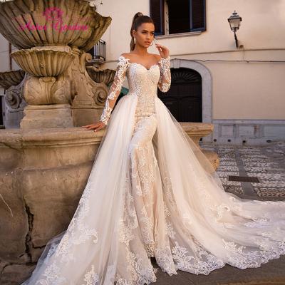 China 2021 Sexy Dry Cleaning Aster Garden Sweetheart Long Sleeve Mermaid Wedding Dress 2 in 1 Lace Wedding Gowns Vestido De Noiva for sale