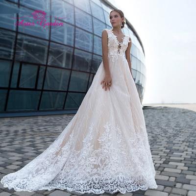 China Dry Cleaning Aster Garden Champagne A Line Wedding Dresses 2021 Vestido De Noiva V-neck Sleeveless Beach Bride 3D Flowers Lace Up Wedding Gowns for sale