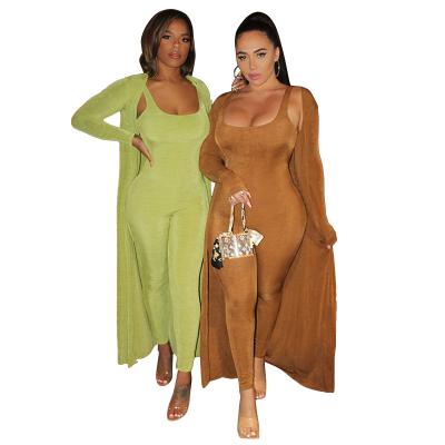 China 2020 Popular Casual Two Piece Overalls Women Long Sleeve Knitted Coat Solid Color Set for sale