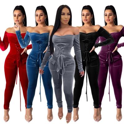 China New Breathable Fashion Women Sport Velvet Sleeve Belted Pocket Off Shoulder Jumpsuit for sale