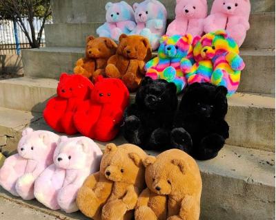 China 2021 Fashion Trend Animal Fluffy Bedroom Indoor Bear Slippers Fuzzy Slippers Cheap Plush Home Teddy Bear Slippers For Women for sale