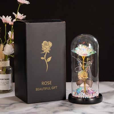 China Gift home decoration enchanted galaxy flower rose with led light in glass dome valentines day gift for her for sale