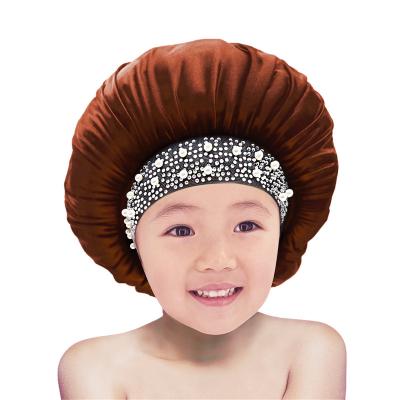 China Wholesale High Quality Picture Pearl and Stone Hood Kids Covers Bling Rhinestones Silk Sleep Hats for sale