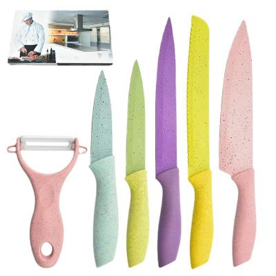 China Stocked 6 Pcs / Set Wheat Colorful Straw Kitchen Knife Non-Stick Coating Kitchen Knife Set For Girls for sale