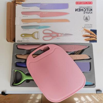 China 7pcs/set Macarons Wheat Straw Kitchen Knife Non-Stick Coating Stocked Kitchen Knife With Chopper Christmas Gift for sale