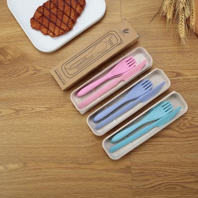 China Disposable Colorful Cutlery Set Wheat Straw Spoon Chopsticks Fork Set Travel Outdoor Camping Flatware for sale