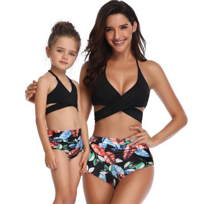 China Parent-child QUICK-DRY swimwear printed high waist bikini ruffled mother and daughter swimwear for sale