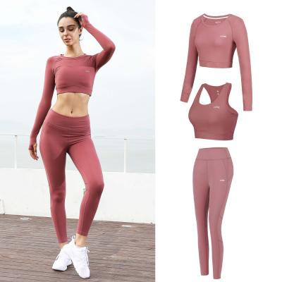 China Breathable Gym Fitness Set Woman Sportswear Fitness Wear Yoga 3 Piece Exercise Leggings Sets Sports Suit Wholesale Custom OEM Seamless for sale