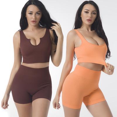 China Breathable Workout Sets For Women Seamless Ribbed 2 Piece Crop Tank High Waist Shorts Yoga Outfits for sale