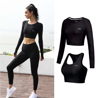 China Breathable Sports Fitness Women Yoga Set Gym 2 Piece Bra Workout Suit Sports Bra Yoga Vest And Long Sleeve Cuff Finger Yoga Shirts for sale