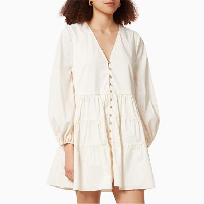 China OEM 2022 High Quality Cheap Bohemian Women's Puffy Sleeve Shirt Dress Women's Washable White V Neck Long Sleeve Shirt Dress Outfits for sale