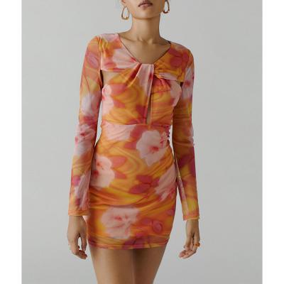 China OEM Breathable Summer Sundress Custom Tie Printing Dye Long Sleeve Hollow Out Body Dress Women Casual Mini Club Sexy Dresses For Woman for sale