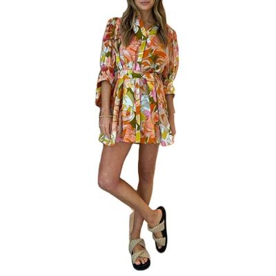 China OEM Factory 100 Small MOQ Fashion Breathable High Waist Deep V-neck Half Sleeve Bandaged Women Long Floral Linen Dress For Ladies for sale