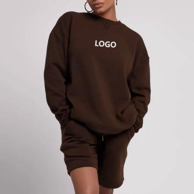 China Women Clothing 2022 Anti-pilling Custom Engrave Logo Fleece Joggers Two Piece Crewneck Embossed Sweatshirt And Short Sweated Sets for sale