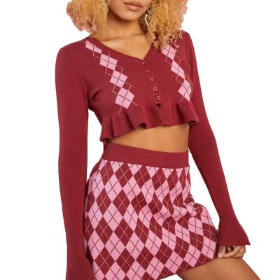 China Argyle Anti-pilling Ins Style Hot Ladies Sweater Cardigan Knit Skirt Casual Y2k Two-Piece Set Above Knee Breathable Anti-Static Knitting for sale