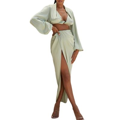 China Women's sexy long-sleeved sexy deep-sleeved deep top nightclub suit skirt High-slit crop V dresses Satin for sale