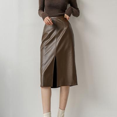 China 2021 Autumn Anti-Static High Waist Split Brown Faux Leather Midi Skirts For Women for sale