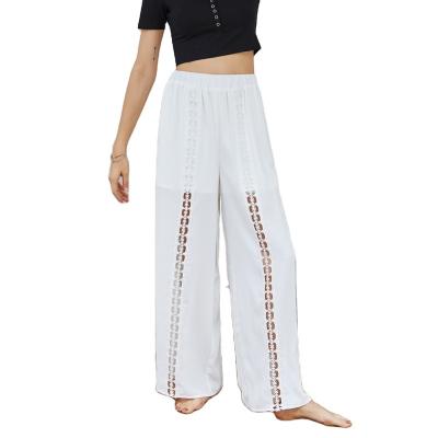 China Hollow Ladies Anti-Wrinkle Pattern High Waisted Casual White Elegant Loose Women Wide Leg Pants for sale