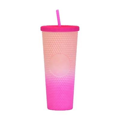 China New Design Sustainable Creative Plastic Double Wall Diamond Glitter Durian Cup Colorful Water Cups With Lid Straw Juice Bottle for sale