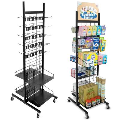 China Custom Logo Assembling Supermarket Metal Adjustable Wire Mesh Snack Rack Display With Hooks And Wheels for sale