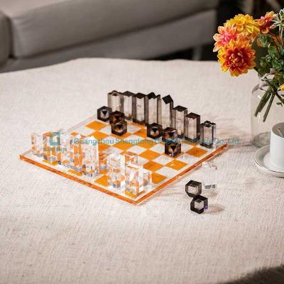 China Custom Logo Decor Lucite Acrylic Chess Board Game Satom Color of Lucite Portable Chess Set for sale