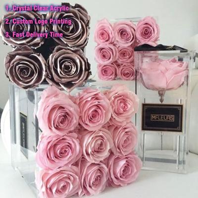 China High Clear Transparent Custom Rectangle Round Square Plexiglass Acrylic Roses Flower Box for sale