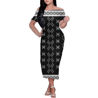 China Anti-Static Drop Shipping Polynesian Samoan Tattoo Designs Black Woman Half Shoulder Dresses Elegant Ladies Dress Tight Custom Logo for sale