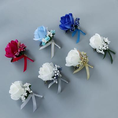 China Cheap Custom Made Simulation Flower Silk Weddings Pin Brooch Wedding Corsage For Brthdays Party Use Color for sale