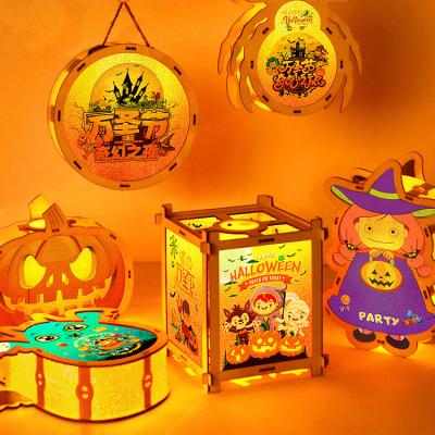 China Holiday Halloween Decorations Ornaments Creative Cavity Wooden Pendant Gifts Luminous Light Halloween Desktop Ornaments LED Pumpkin Lantern for sale