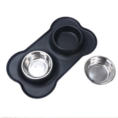 China Sustainable Dogs Stainless Steel Water And Food Feeder Pet Bowl , Non Spill Feeing Heavy Duty Folding Silicone Mat Double Dog Bowld for sale