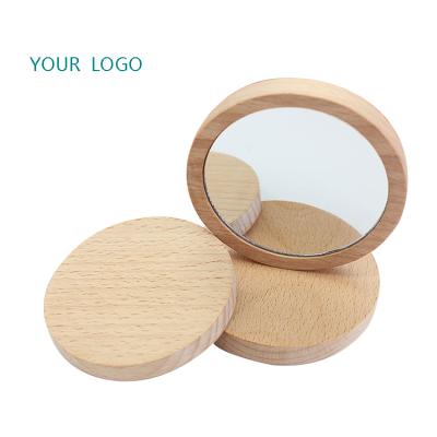 China Beech Small Minimalist Portable Round Cosmetic Mirror Creative Gift Lettering Wooden Frame Mirror for sale