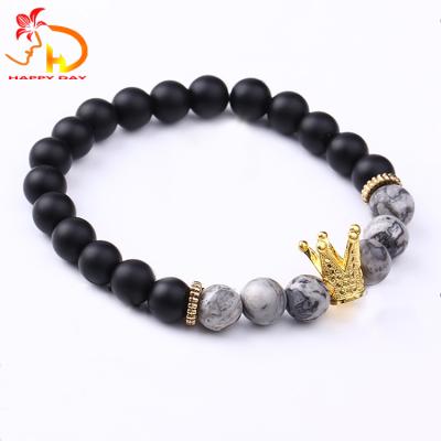 China New Products Classic Fashionable Style 8mm Black Color Agate Beads Bracelets Men Crown Bracelet for sale