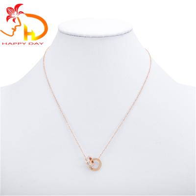 China Classic Wholesale Korean Double Ring Diamond Necklace Pendant Fashion Rose Gold Titanium Steel Jewelry for sale