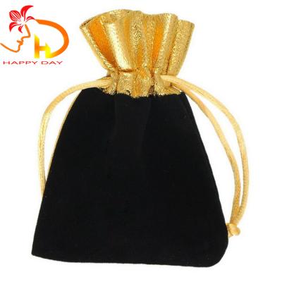 China High Quality Recyclable 7*9CM Fashion Gold Edge Gold Ties Black Velvet Drawstring Bag Jewelry Pouch for sale