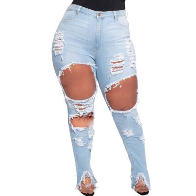 China Europe Size Breathable Blue Top Distressed Skinny Ripped Jeans Women for sale