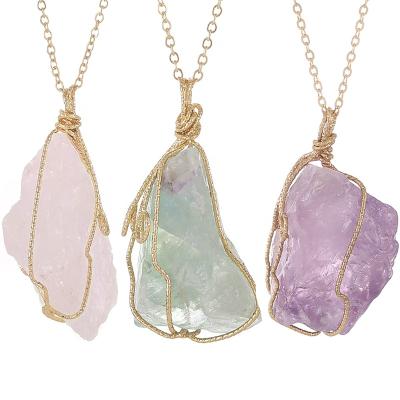 China Natural Raw Amethyst Stone Stone Pendant Necklace For Women Wire Chakra Wrapped Healing Irregular Crystal for sale