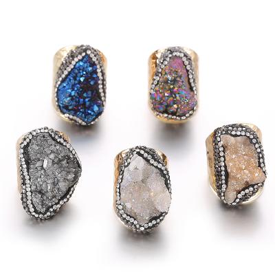 China Environmental Friendly Irregular Natural Stone Ring Micro Inlay Druze Quartz Adjustable Rings For Women Boho Finger Jewelry for sale