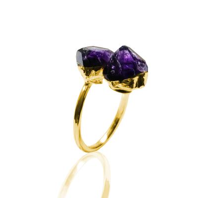 China With Gold Edge Irregular Natural Stone Adjustable Ring For Women Raw Amethyst Open Rings for sale